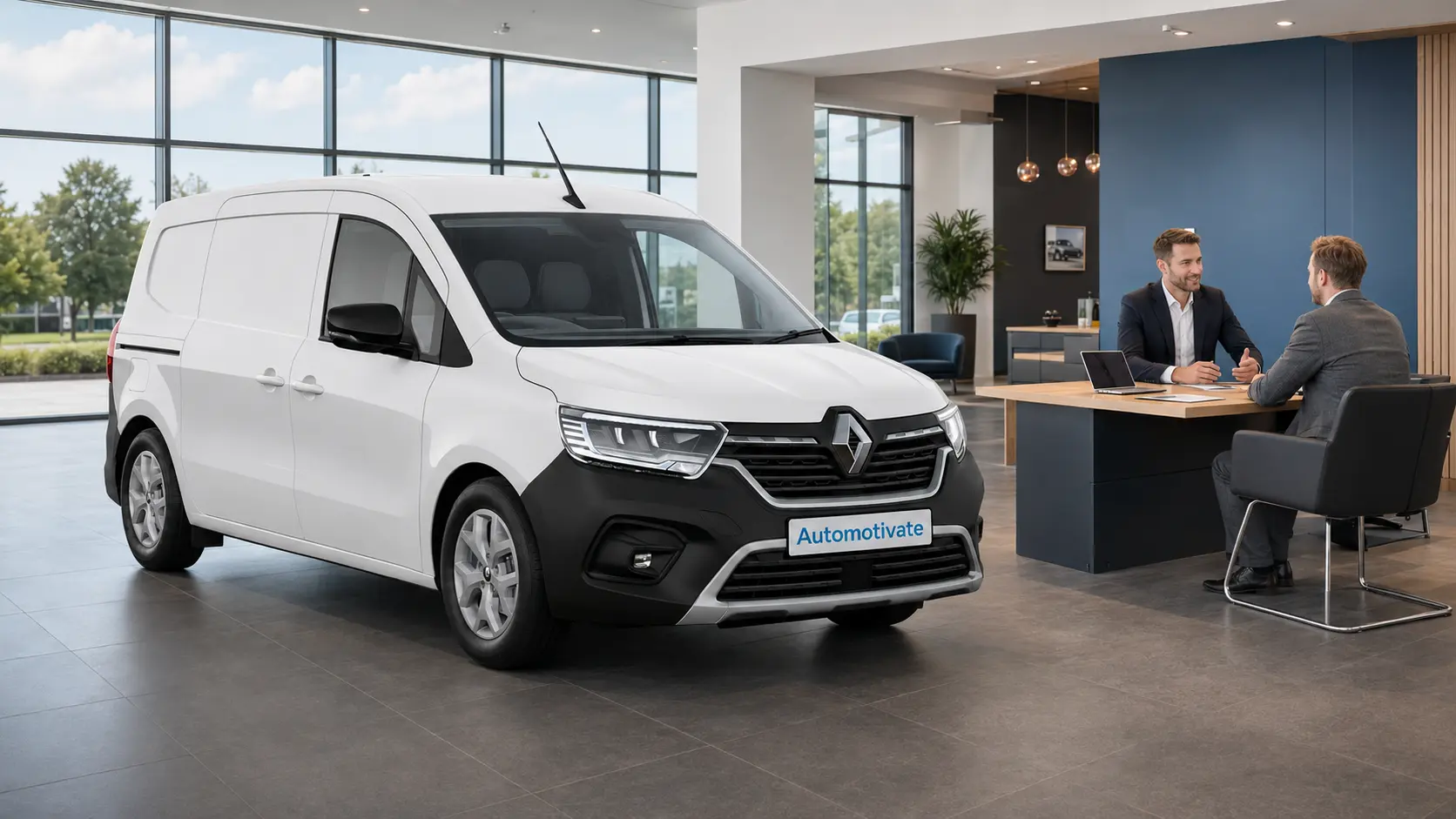 Commercial van in a showroom while two people discuss vehicle finance