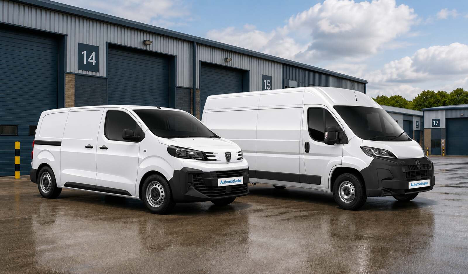 Two Peugeot commercial vans outside an industrial estate
